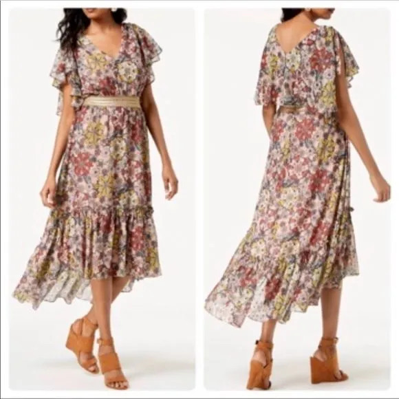 Taylor Pink Floral Flutter Sleeve High Low Midi Dress Size 4 Gold - Image 2