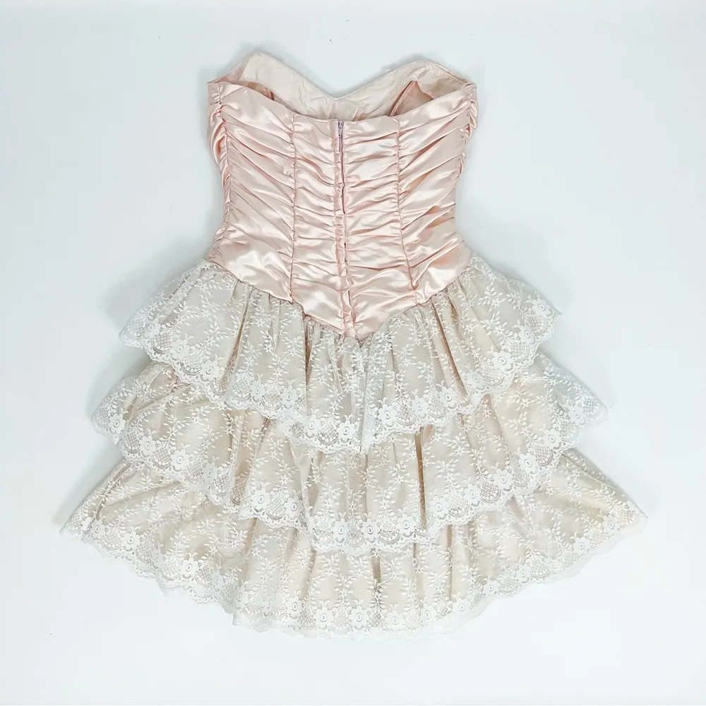 Vintage 90’s Strapless Satin Corset Mini Dress with Lace Ruffle Skirt | Size XS Pink - Image 12