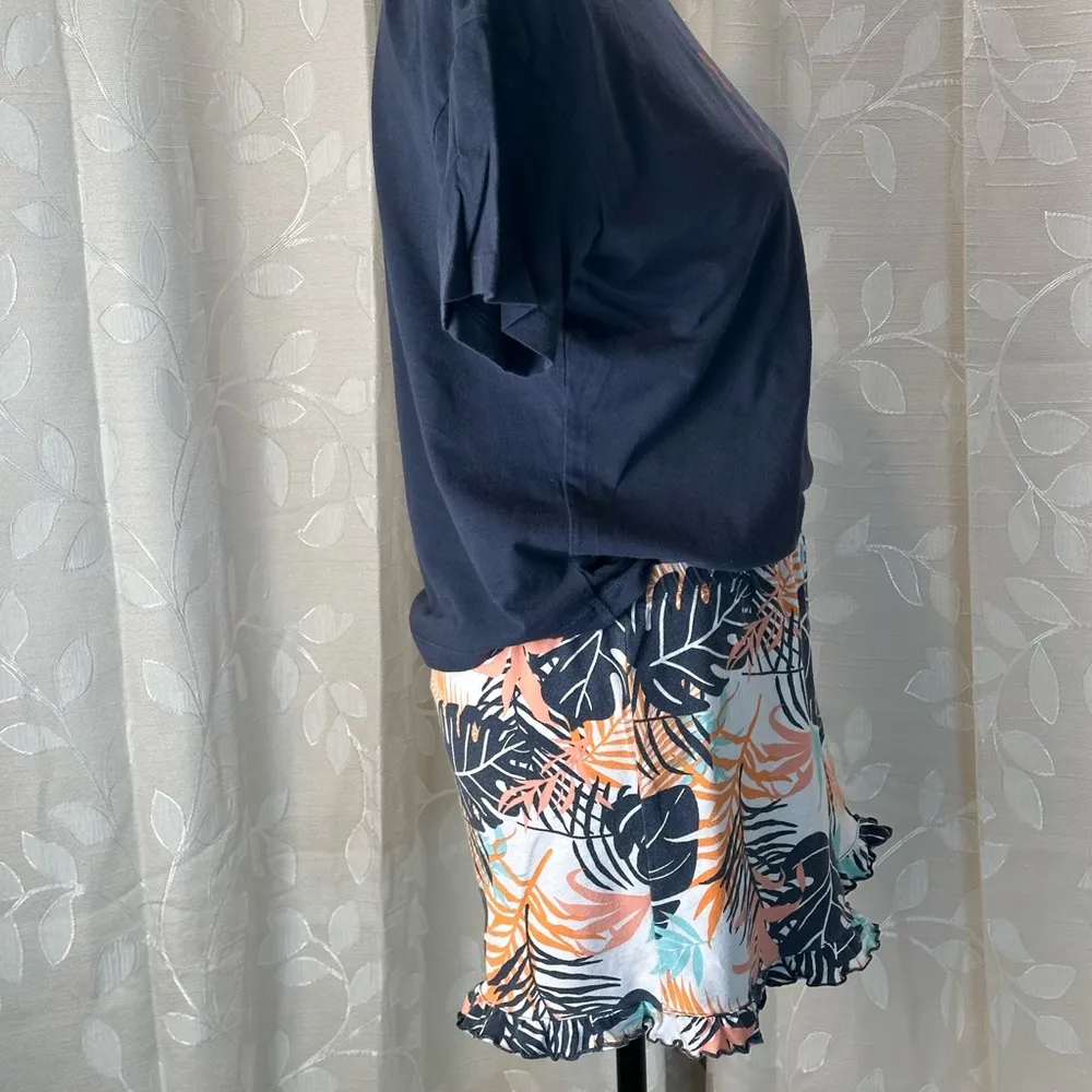 Ambrielle Sleepwear Set Small Navy Tee Tropical Print Ruffle Shorts Lounge Blue - Image 3