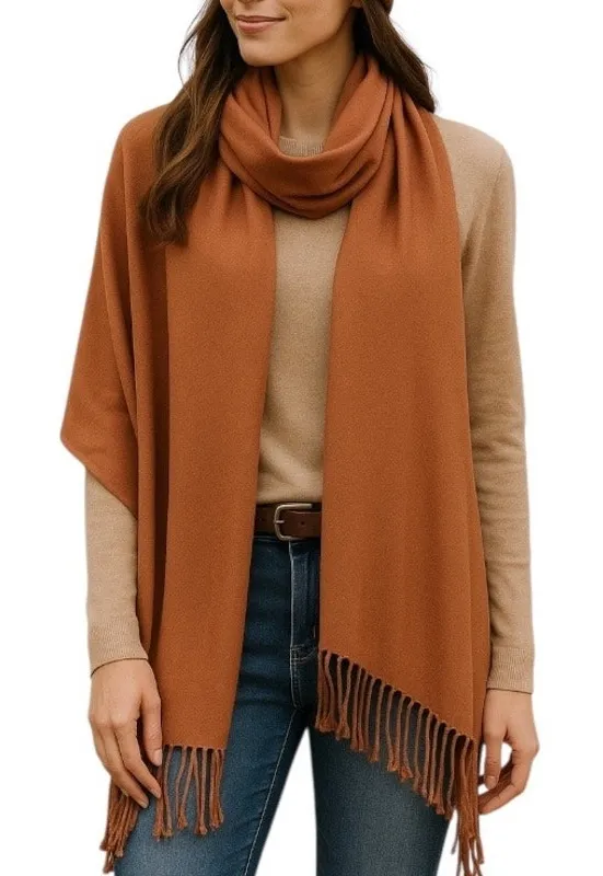 Women’s Bundle 3 Oblong Scarfs Solid Neutral Color Fringe Tan Orange Brown Tan - Image 1