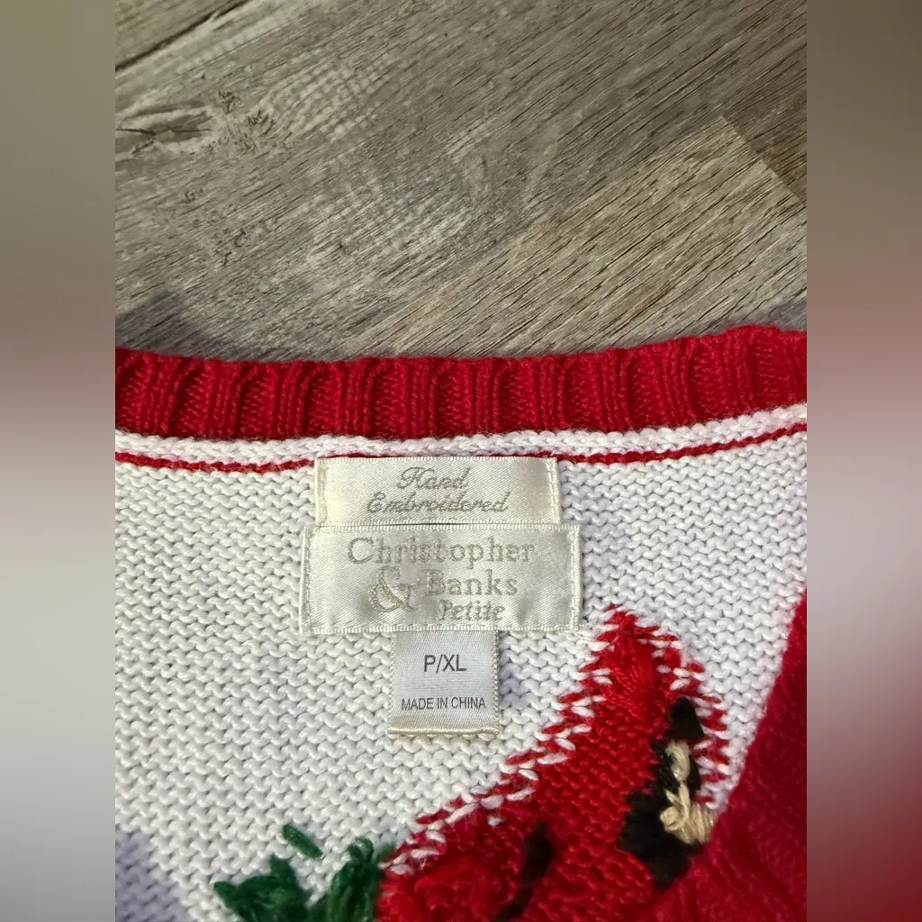 VTG Hand Embroidered Cardinal Sweatshirt Funky Festive Knit Sweater Vest Red XL - Image 4