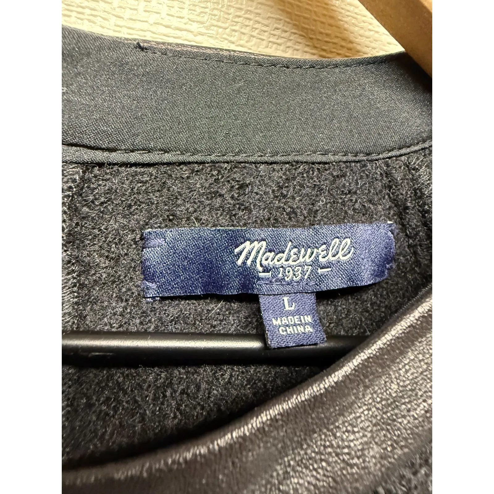 Madewell‎ Sweater Women Sz L Black Wool Leather Trim Zipper Pullover 3/4 Sleeve - Image 5