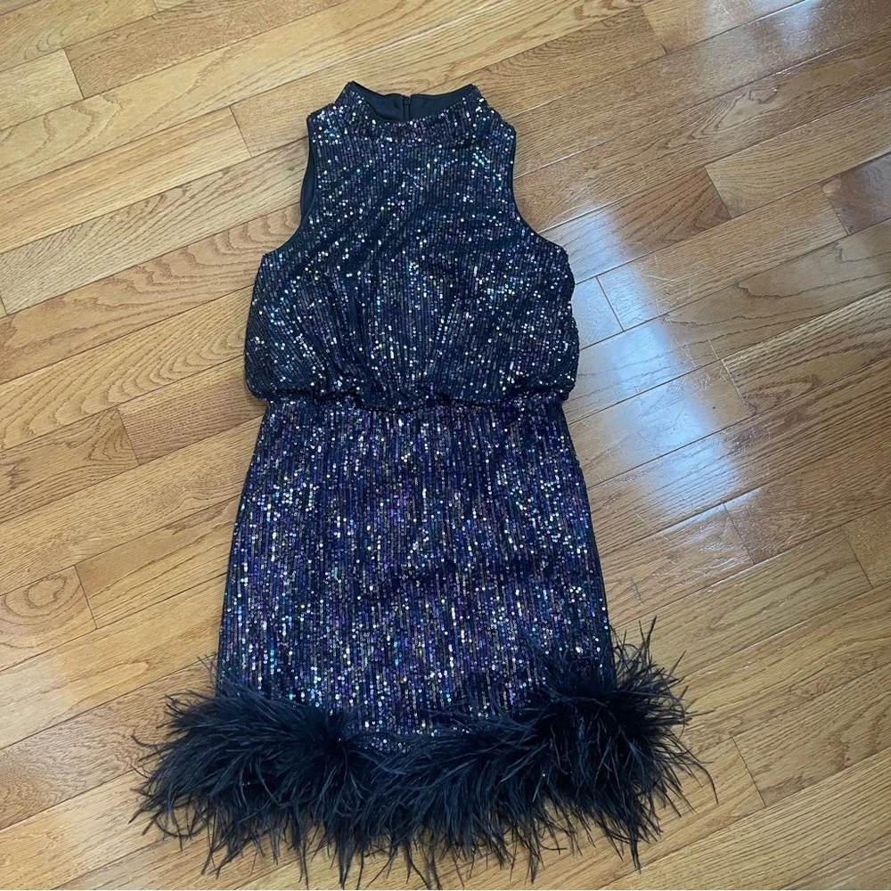 Eliza J Mock Neck Feather Hem Blouson Waist Sequins Sleeveless dress black 10 - Image 8