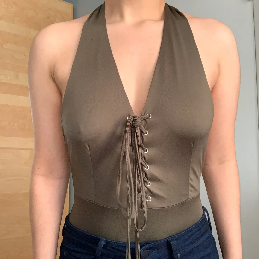 Olive Green Lace Up Halter Bodysuit - Image 4