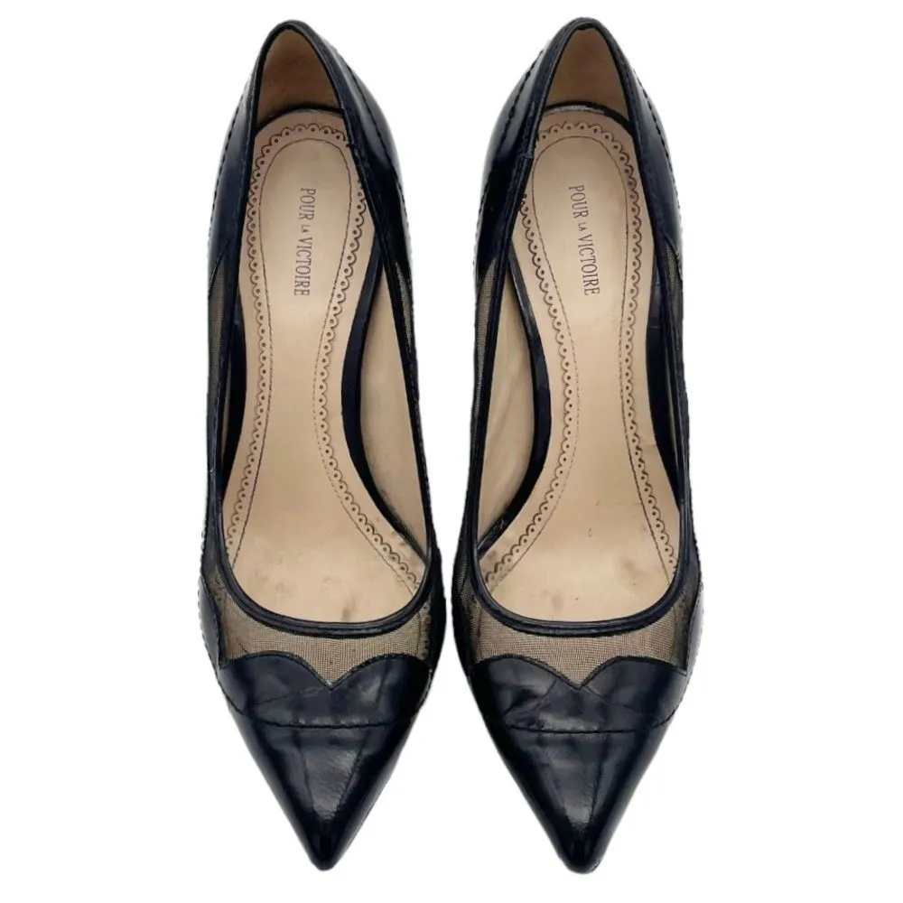 Pour La Victoire Chantel Mesh Scallop Black Leather Pointed Toe Heels Size 8 - Image 3