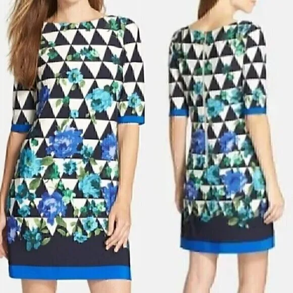 ELIZA J Blue Green Floral / White Black Geo Geometric Elbow Sleeve Shift Dress 6 - Image 2