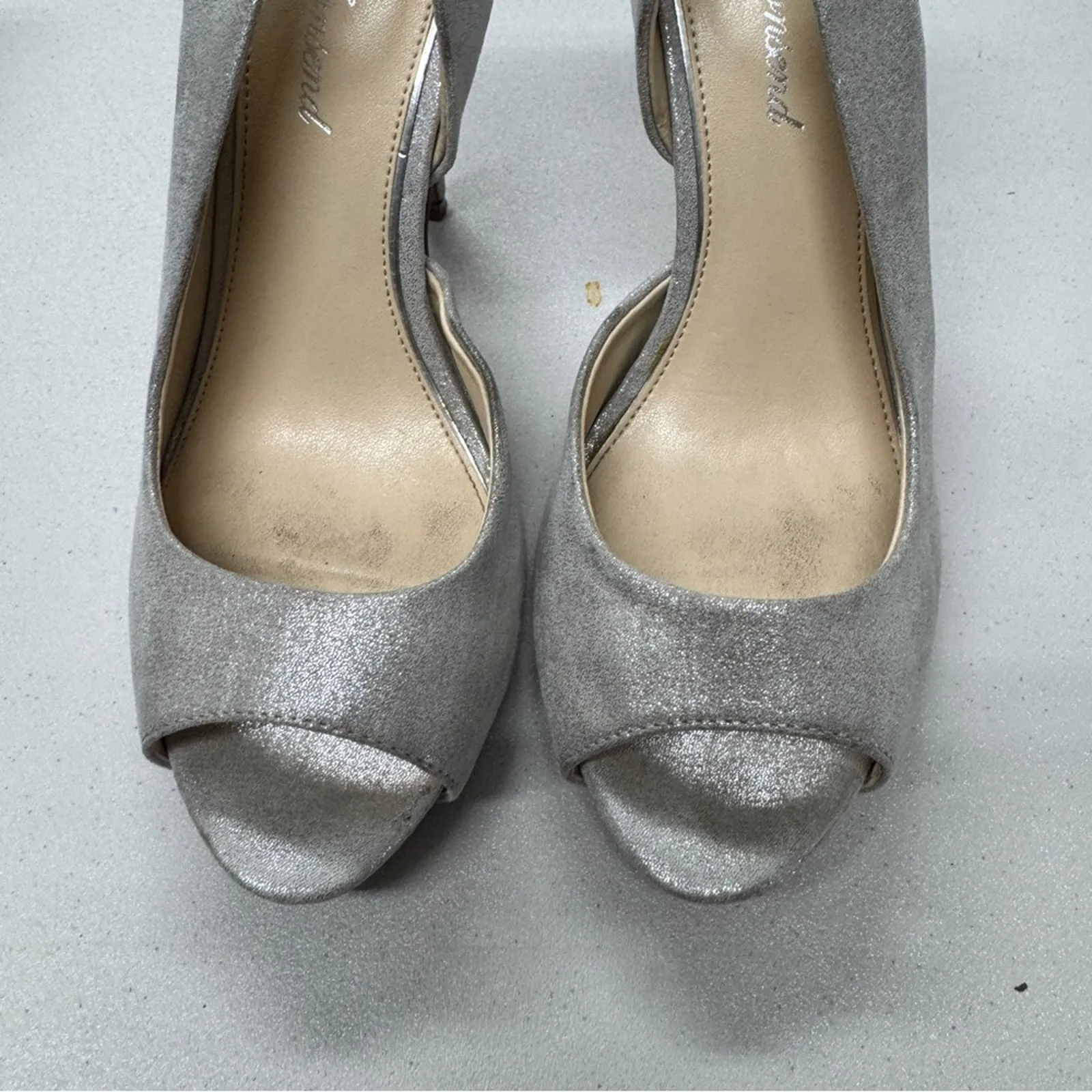Lulu Townsend Silver Sparkle Sling Back Heels Womens 8 Peep Toe Wedding Shoes - Image 4