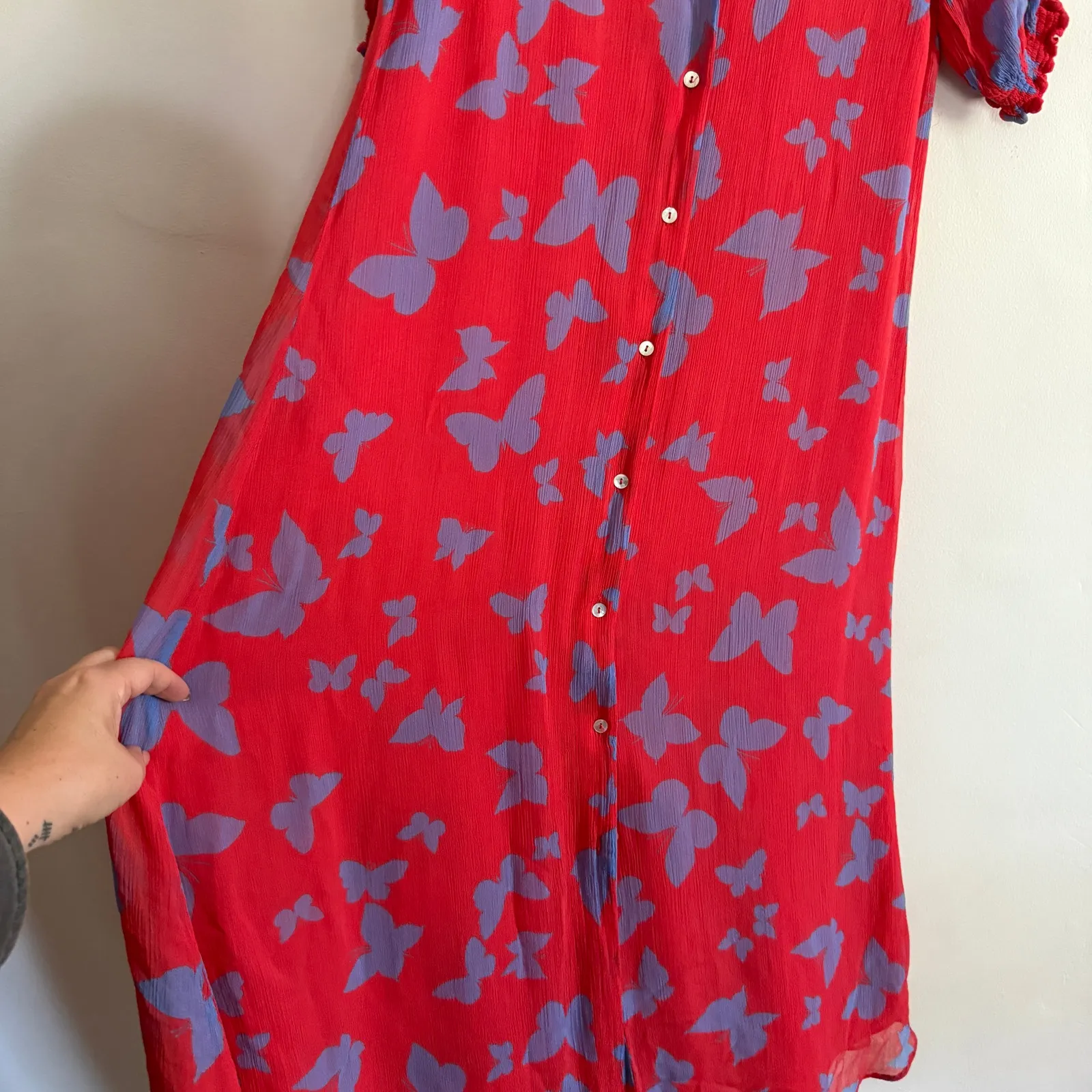 STEFANEL Red Crinkle Chiffon Blue Butterfly Print Swing Midi Shirt Dress Size 4 - Image 3