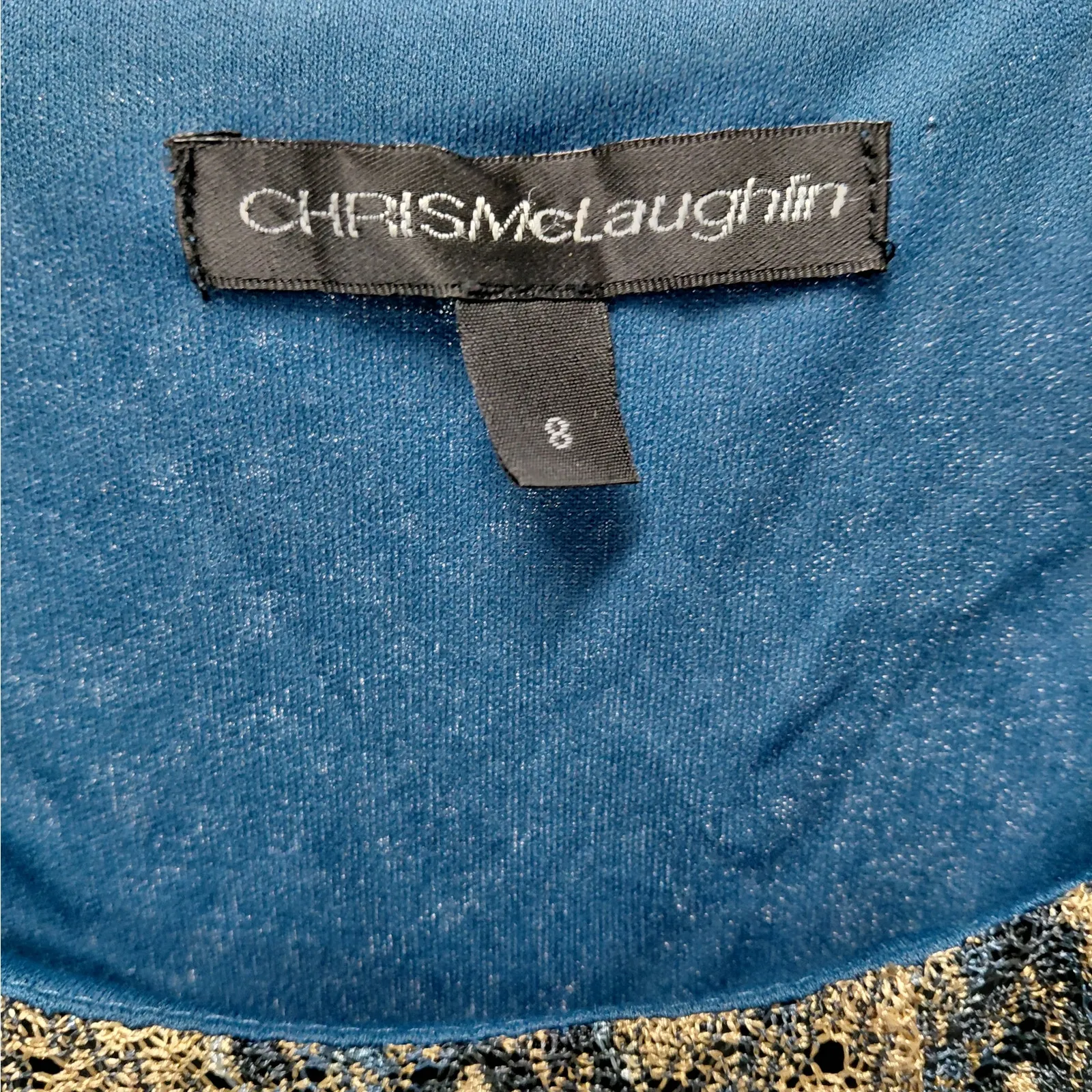 Chris McLaughlin Womens Metallic Chevron Boho Dress Blue Gold Bell Sleeve Size 8 - Image 4