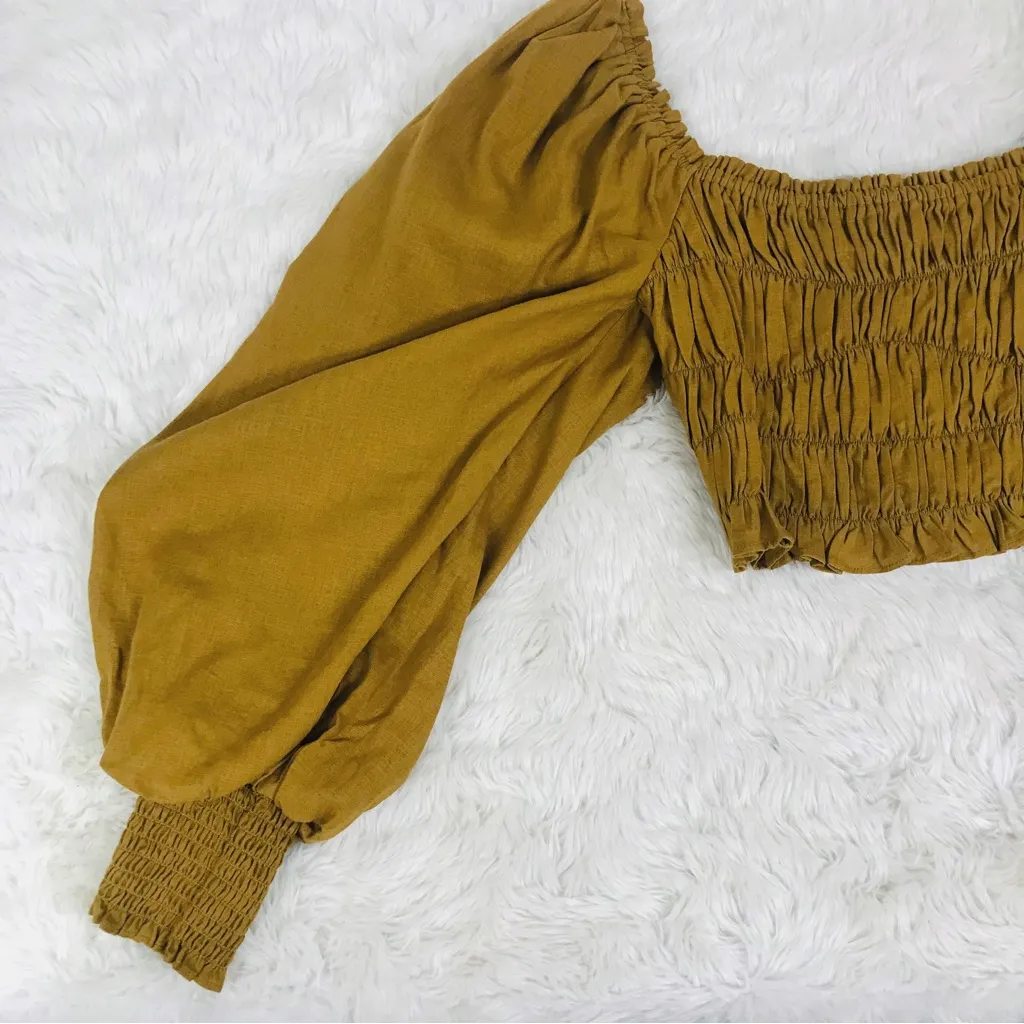 A LOVES A Cropped Peasant Top Mustard Brown Smocked Long‎ Sleeve Linen Size XS - Image 7