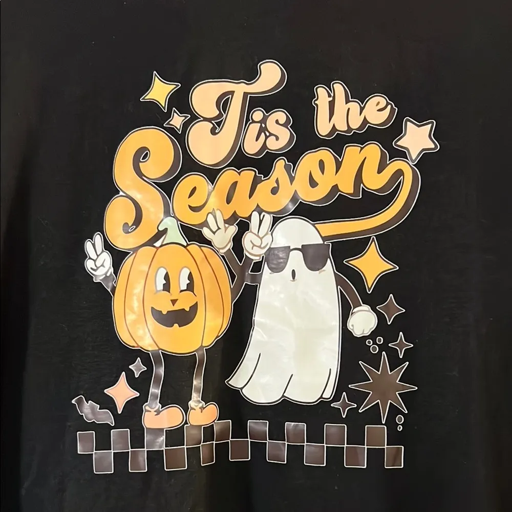 Festive Black Halloween Tee with Ghost and Pumpkin Size L - Image 2