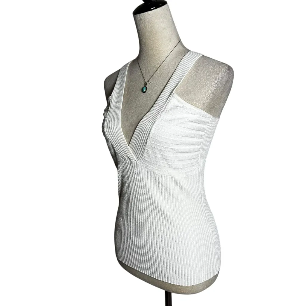 Carol Rose White Ribbed Knit Sweater Tank Top Stretch Deep V Knit Neutral Basic - Image 4