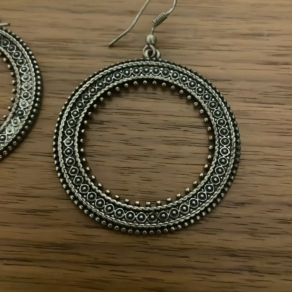 Bronze Tone Dangle Circular Hoop Earrings, Hook Backing Gold - Image 3