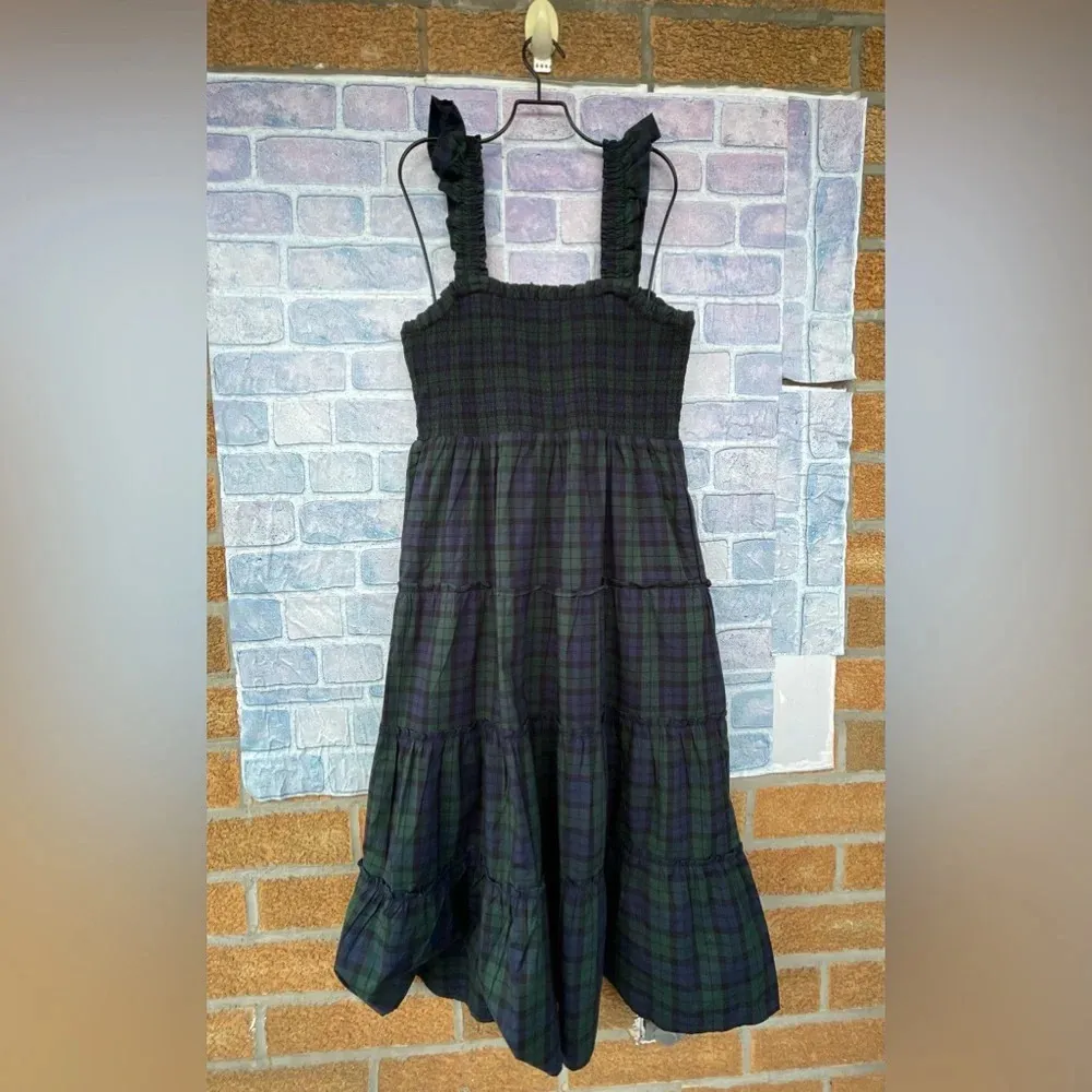 J. Crew Cotton  Smocked Tiered Plaid Midi Dress in Navy Green Tartan medium - Image 9