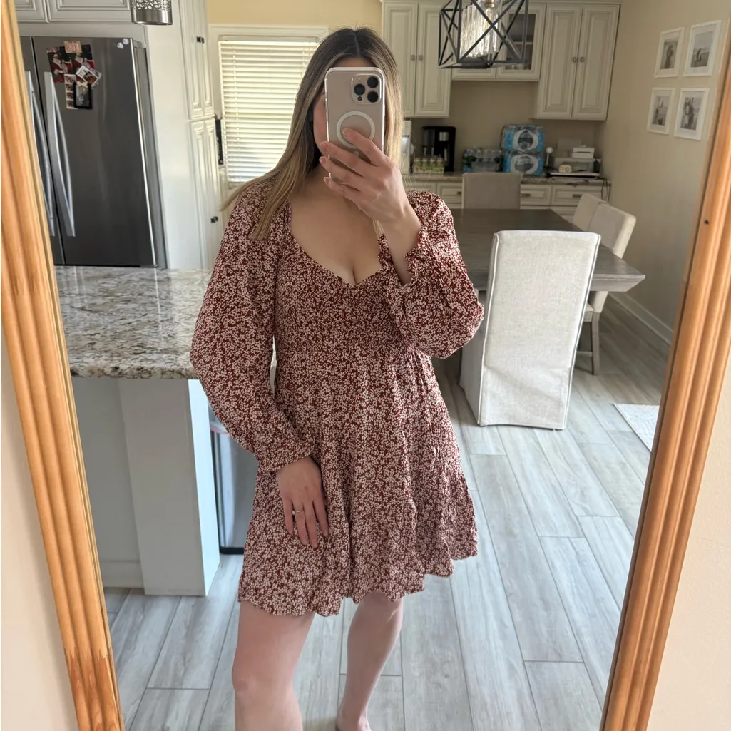 Mittoshop Rust Floral Babydoll Mini Dress XL Long Sleeve V Neck - Image 2