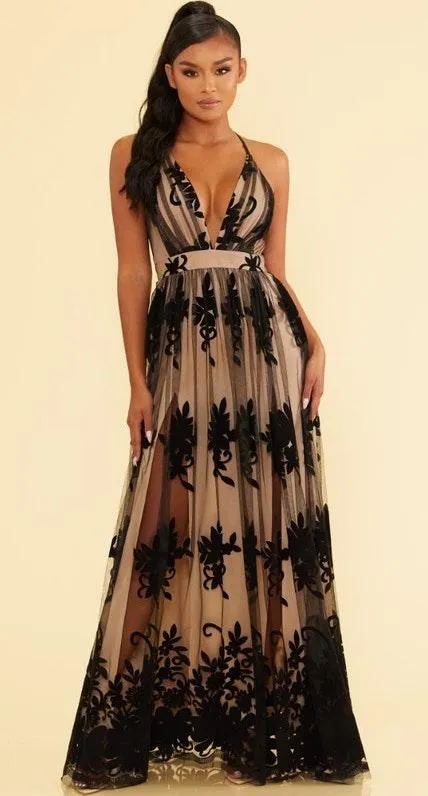 Black Nude Lace Maxi Dress - Image 2