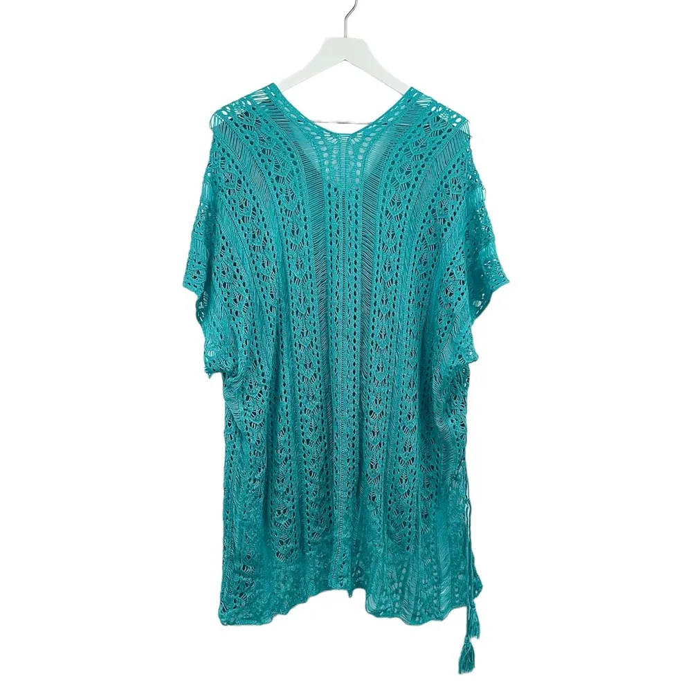 Teal Boho See Through Swim Suit Cover Up One Size Oversized Baggy - Image 2