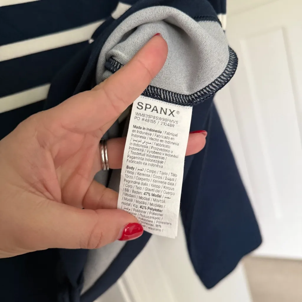 Spanx  Air Essentials Navy Blue White Striped Cardigan Sweater Pullover Top - Image 4