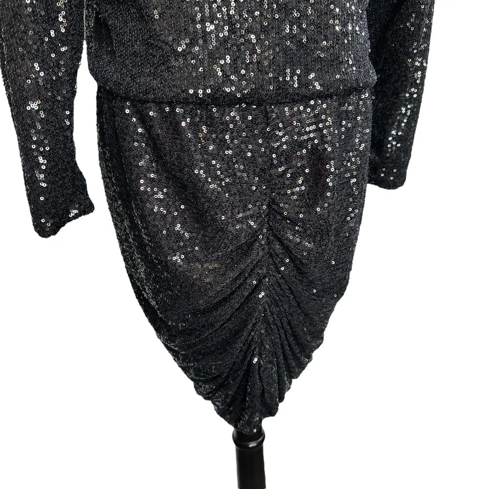 Retrofete Flynn Sequin Ruched Tulle Long Sleeve Key Hole Mini Dress Black Large - Image 9