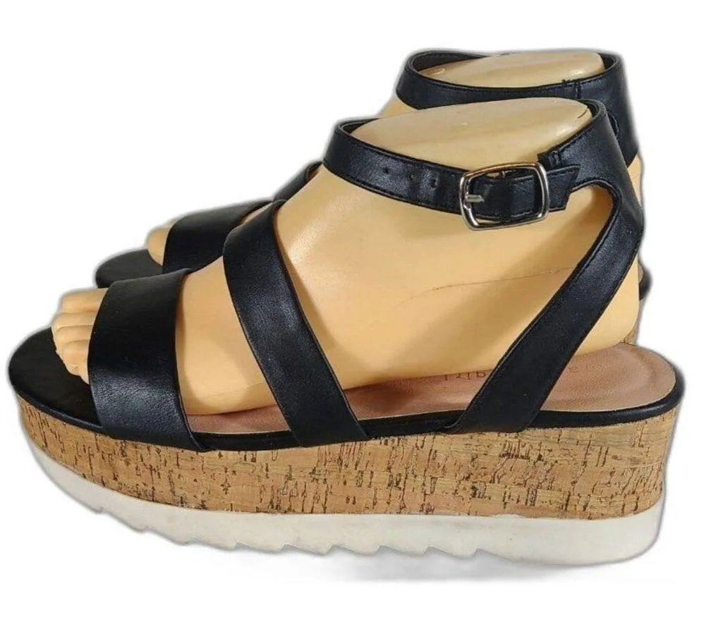 EUC Madden Girl Women's Black Steadyy Platform Buckle Cork Heel Sandals Size 9 - Image 2