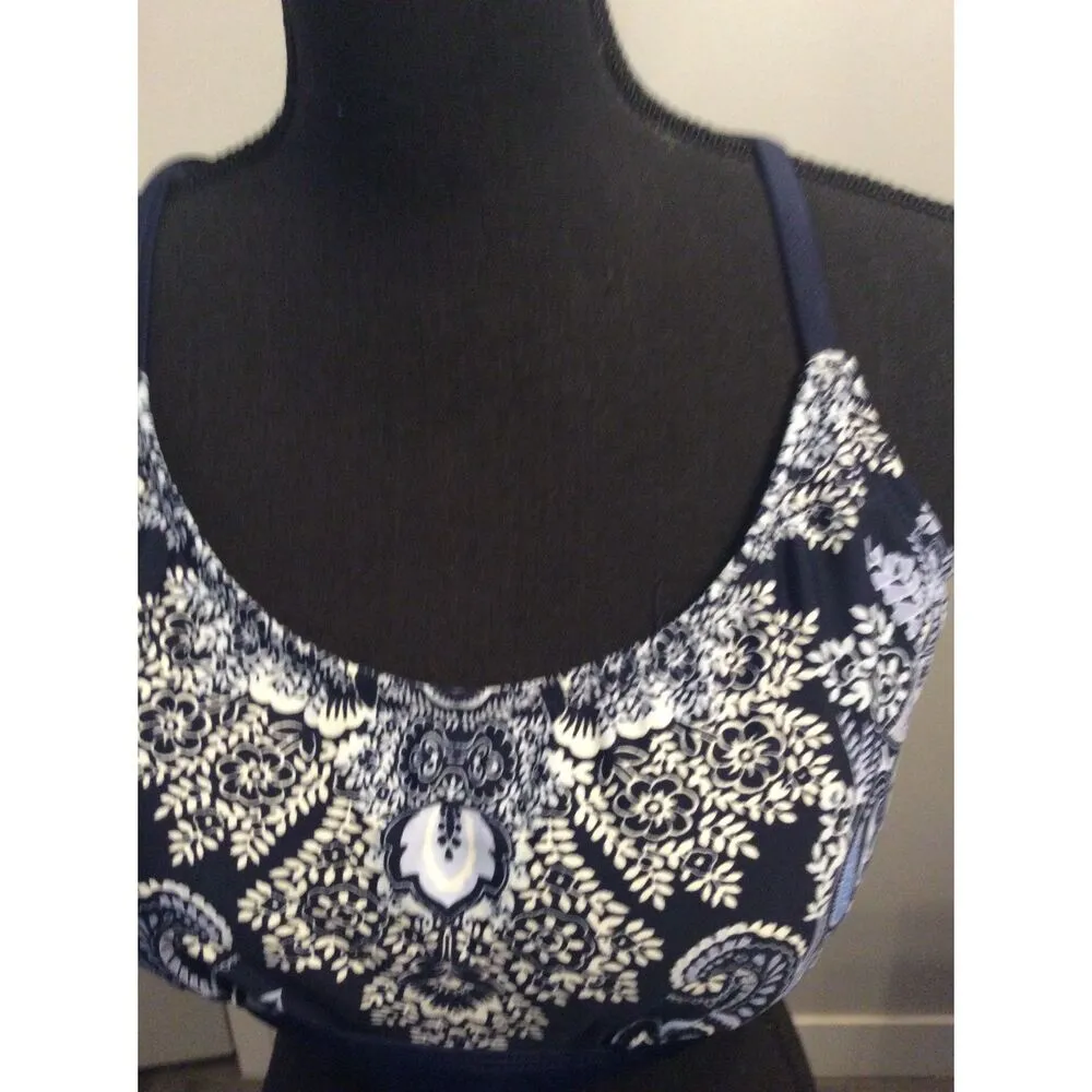 Kona Sol Large L Navy Blue Print Swim Top Criss Cross Back - Image 2
