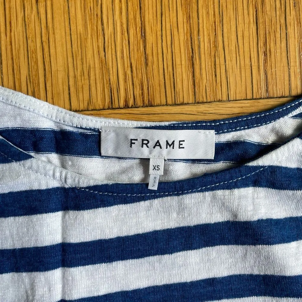 Frame cotton/linen blend relaxed fit tie front blue/white striped t-shirt XS EUC - Image 2