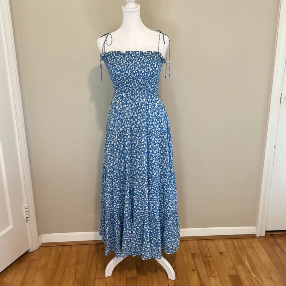 blue and white floral dress reformation Reformation
