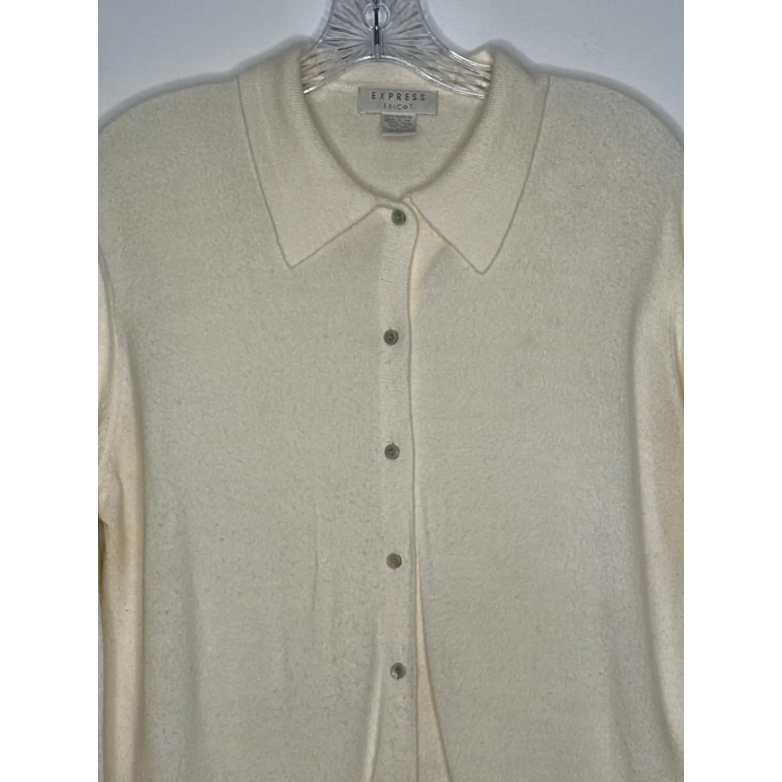 Vintage 70s Express Tricot Ivory Collared Cardigan Sweater Hong Kong Medium - Image 2
