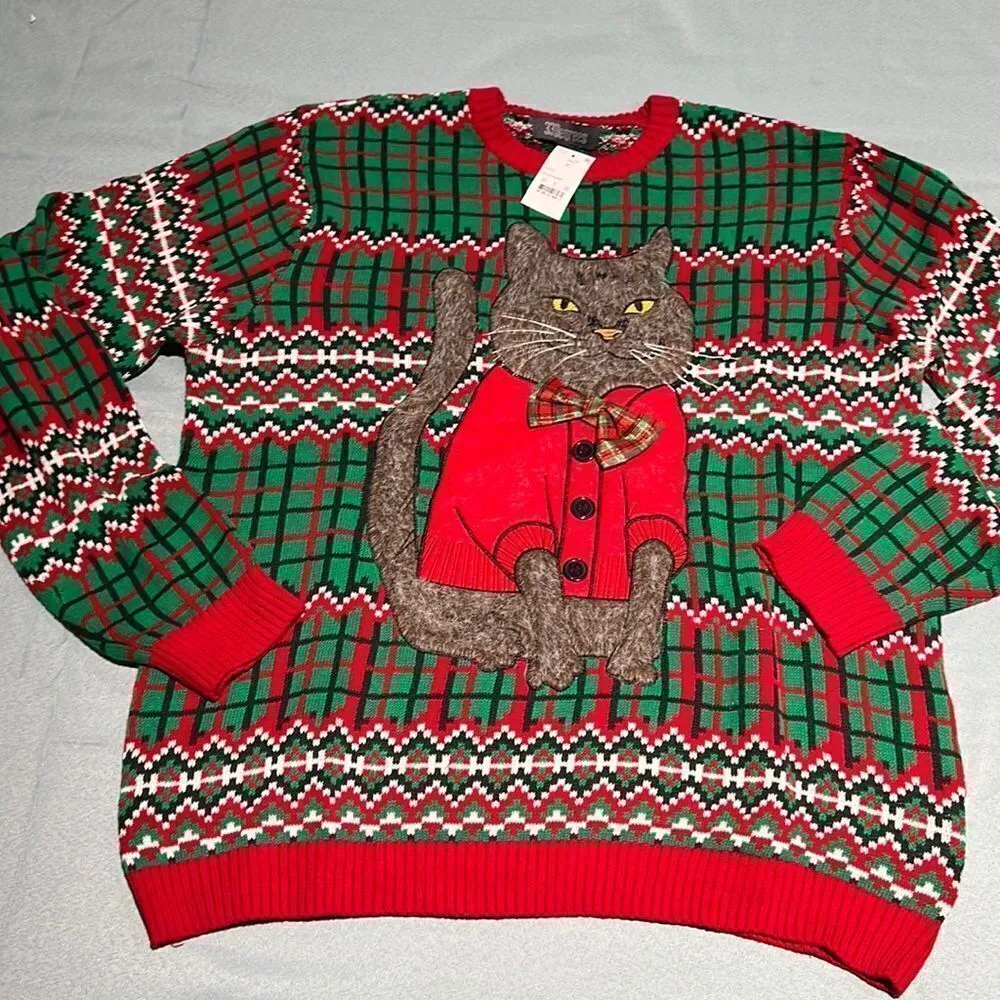 Christmas Ugly Cat Sweater 33Degrees Red Size L - Image 2