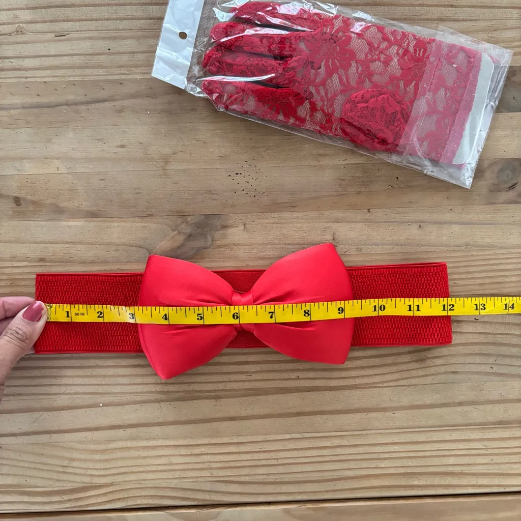Elegant Red Lace Gloves with Bow Belt - Image 5