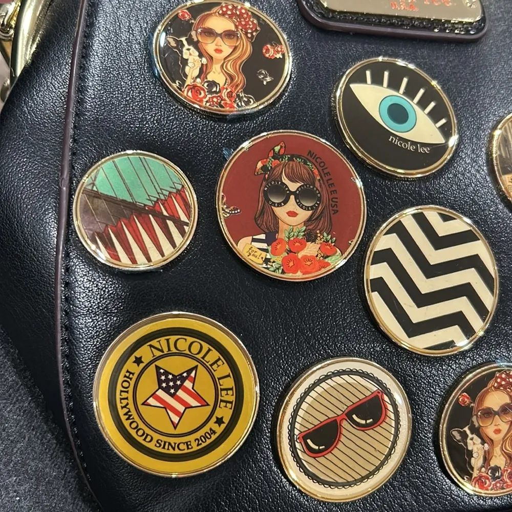 Black Crossbody Bag with Gold Chain and Decorative Patches - Image 8