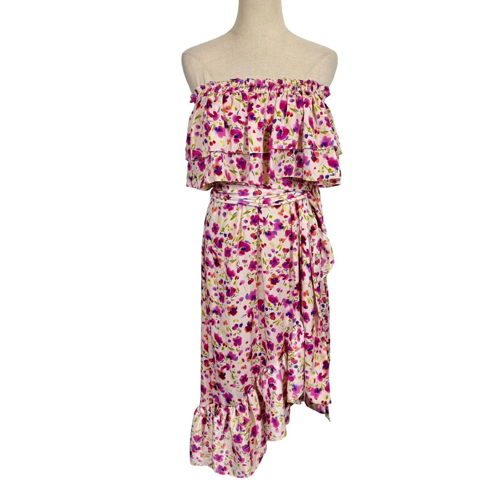 MISA Los Angeles Sabella Strapless Ruffle Tie Waist Midi Dress in Fuchsia Floral - Image 6