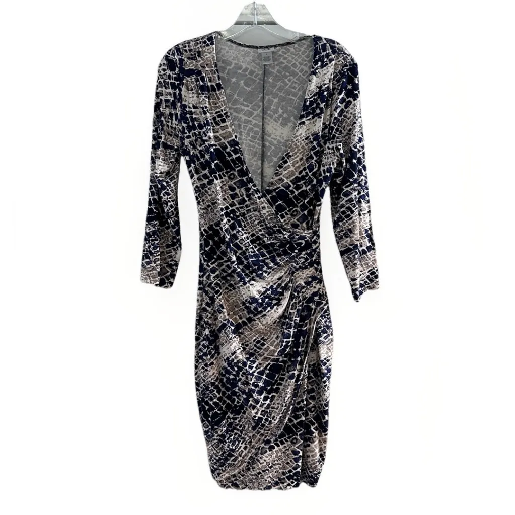 Cache Women's geometric Print Blue‎ Wrap Dress  M Stretch Y2K Long Sleeve - Image 4