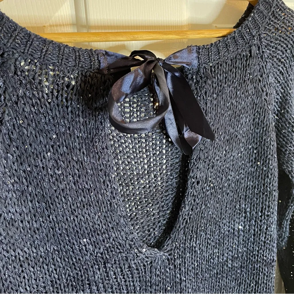 Miracle Navy Boat Neck Sweater w/ Metallic Accents & Ribbon Tie in Back Size M/L Blue - Image 7