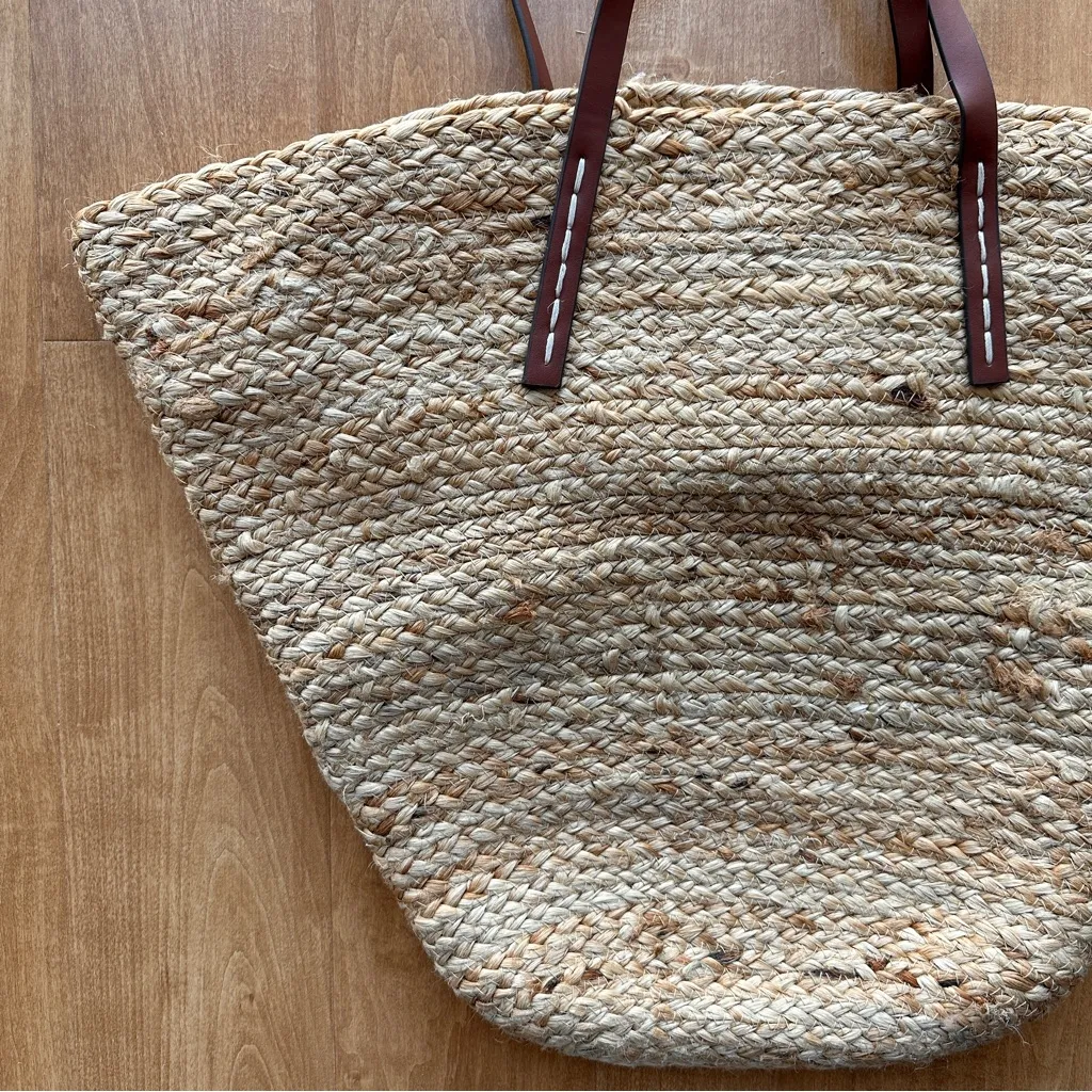 Mango Jute Basket Bag, Large Beach Tote, Drawstring Vacation Leather Handle Bag - Image 3
