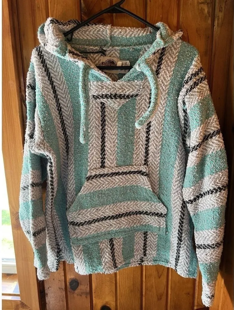 Cozy Baja Hoodie Striped Pullover Sweater Mint Green Gray size Medium - Image 1