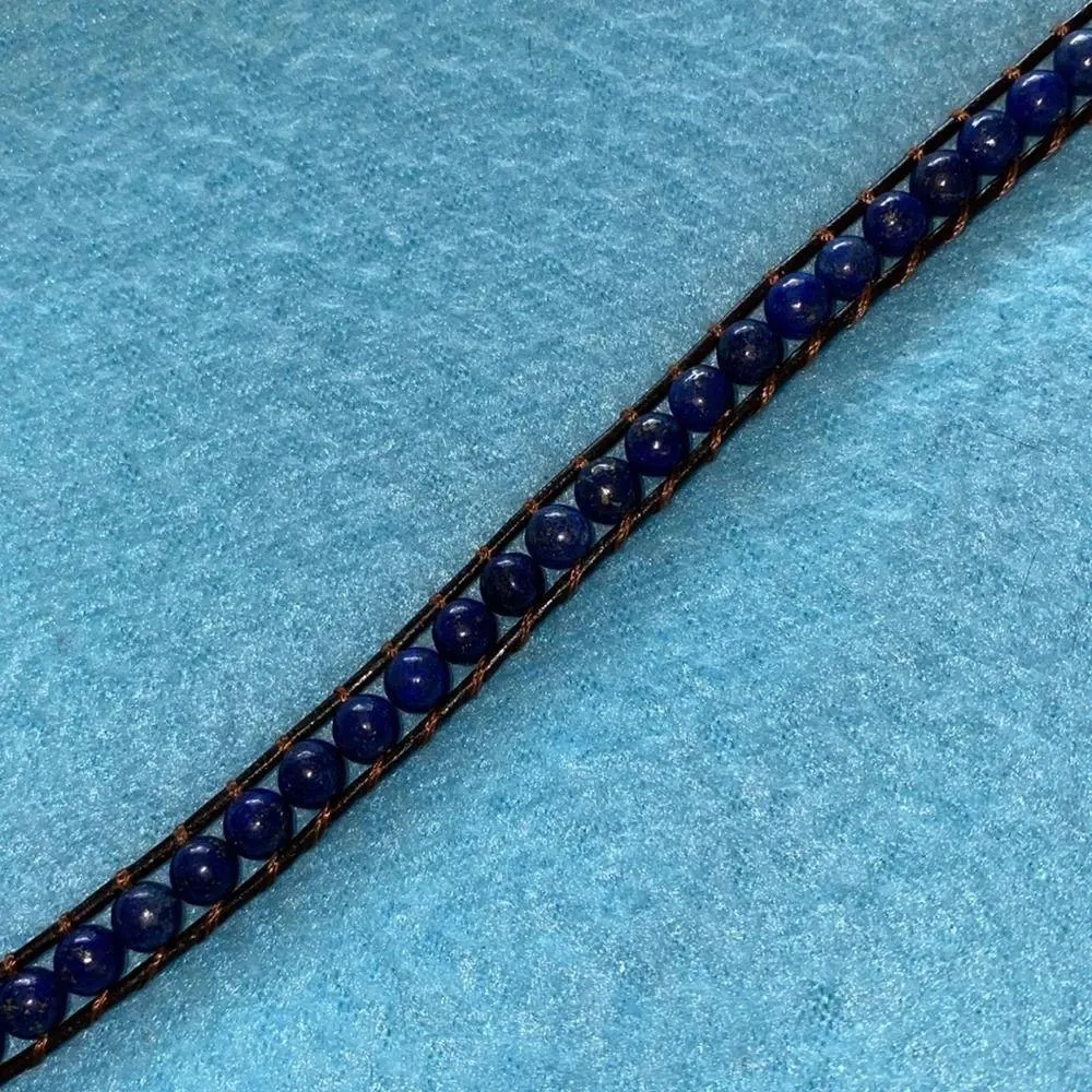 BBJ Lapis Lazuli Wrist wrap bracelet weaved in leather strips boho size OSFA Blue - Image 3