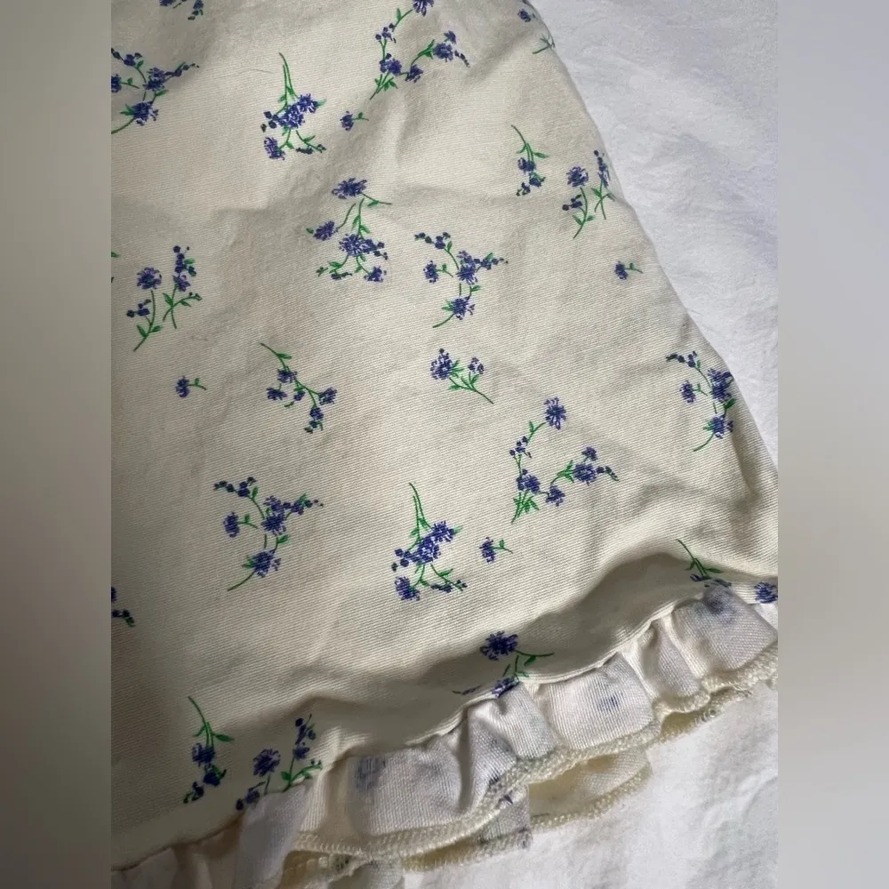 Urban Outfitters Ashton Ruffle Mini Skirt Pale Yellow with Blue Flowers XS - Image 5