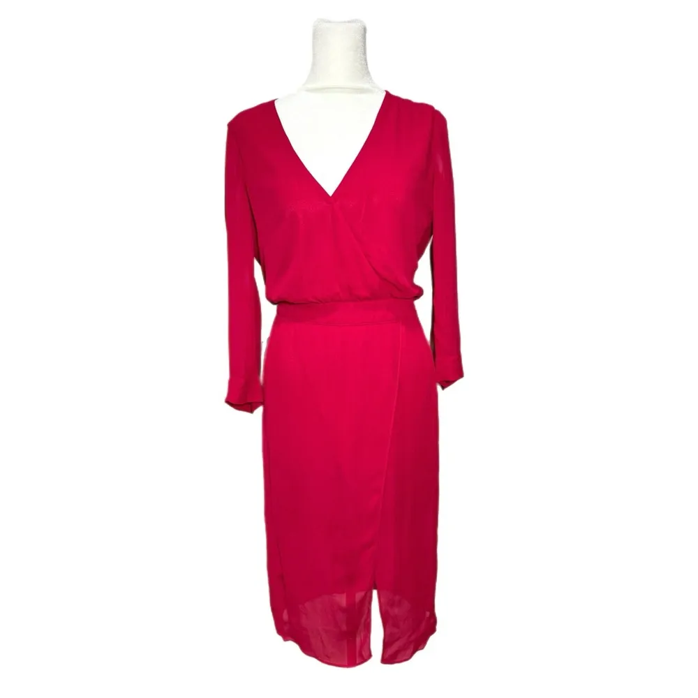 NWT Bebe Womens Raspberry Pink Chiffon Faux Wrap Midi Dress 3/4 Sleeve Size 4 - Image 4
