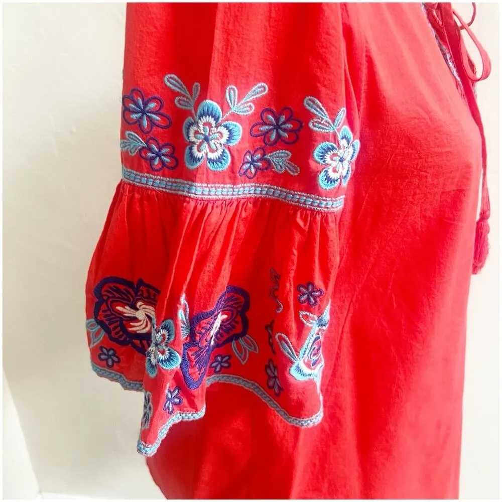 Beach Lunch Lounge Embroidered Bell Sleeve Blouse Size Small Tie Neck Coral Boho - Image 8