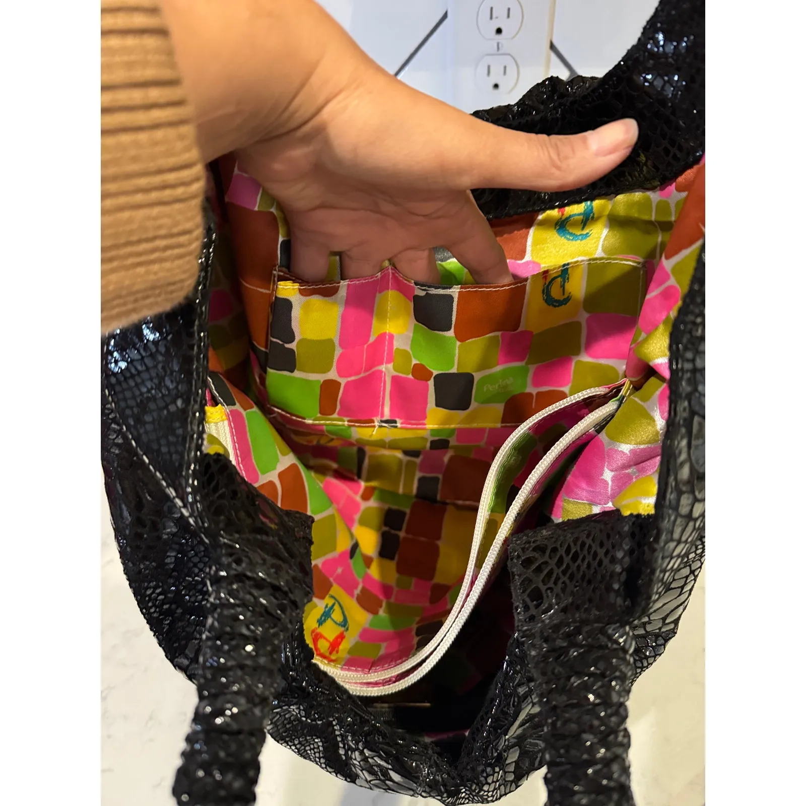 Vintage Perlina Y2K black snake skin leather large hobo bag neutral school work - Image 11