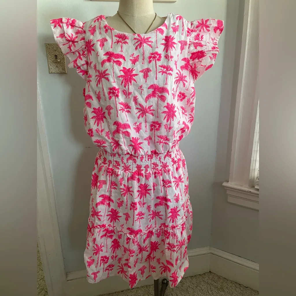 Vineyard Vines Pink Smocked Ruffle Palm Tree Linen Dress - Image 8