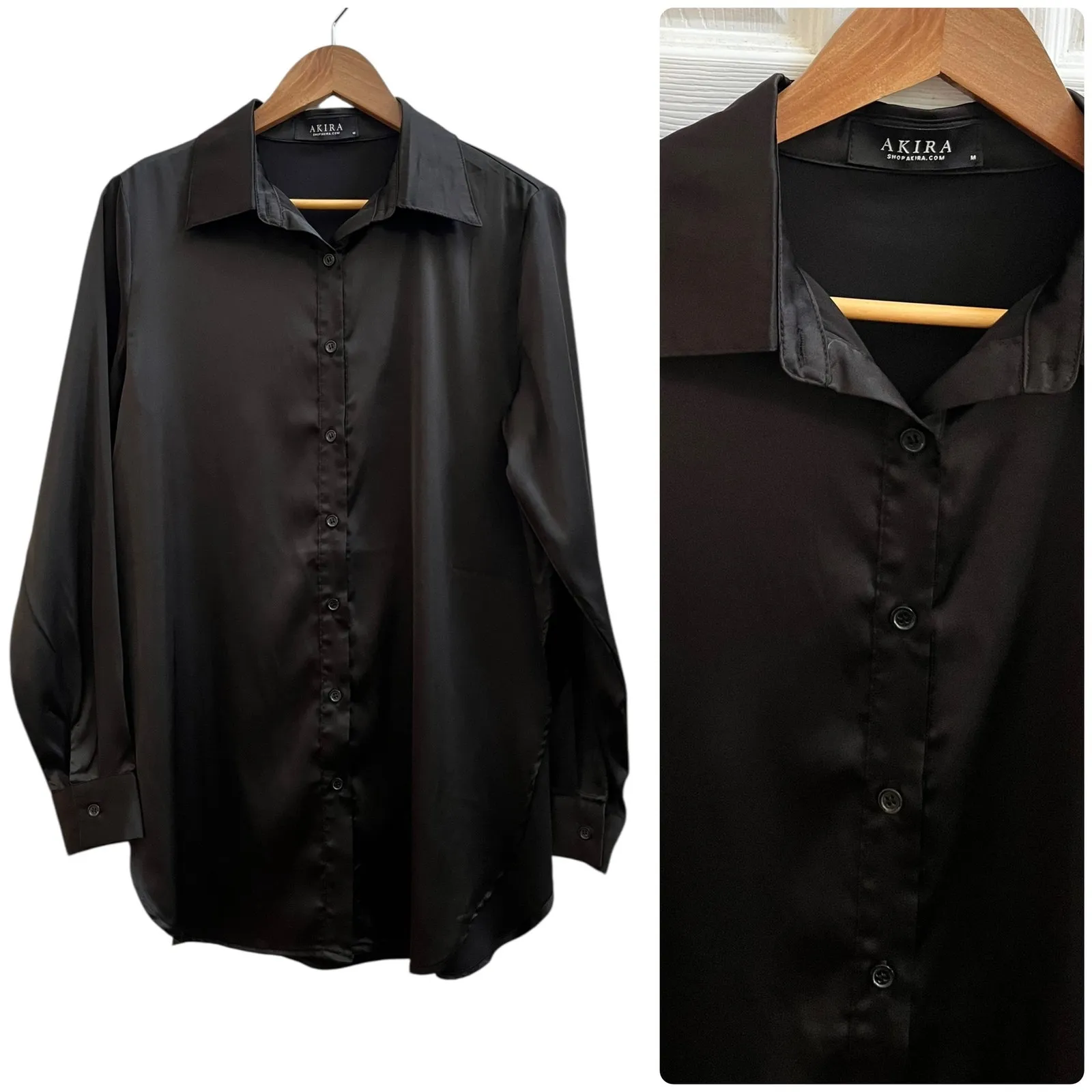 Akira Black Satin Side Slits Button Down Tunic Top Size Medium - Image 9
