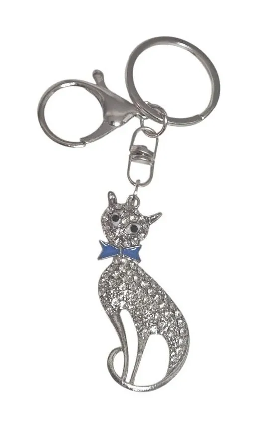 Rhinestone Cat Keychain Purse Charm, Cute Kitty Keyring, Blue Bow Gift, Silver - Image 1