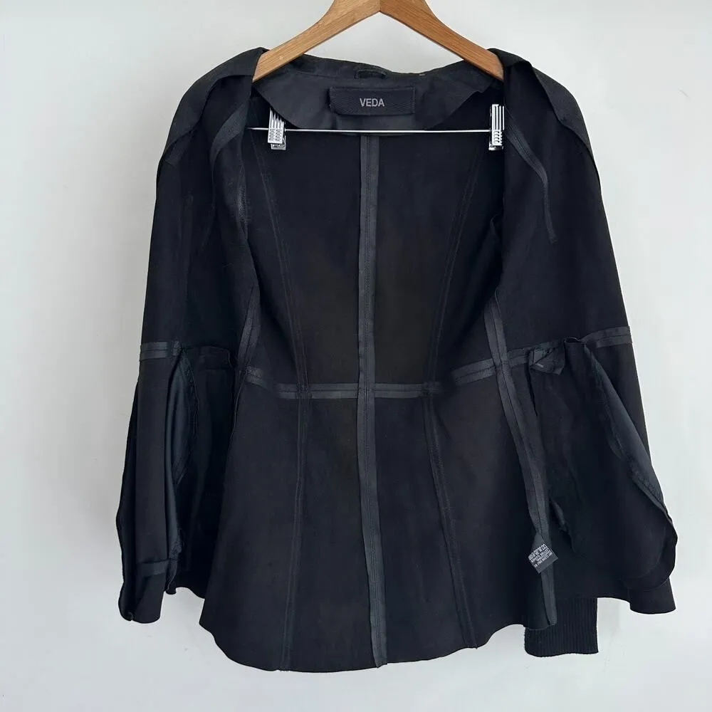 Veda Leather Jacket Womens XS Black Moto Biker Asymetric Zip Knit Sleeve Edgy - Image 5