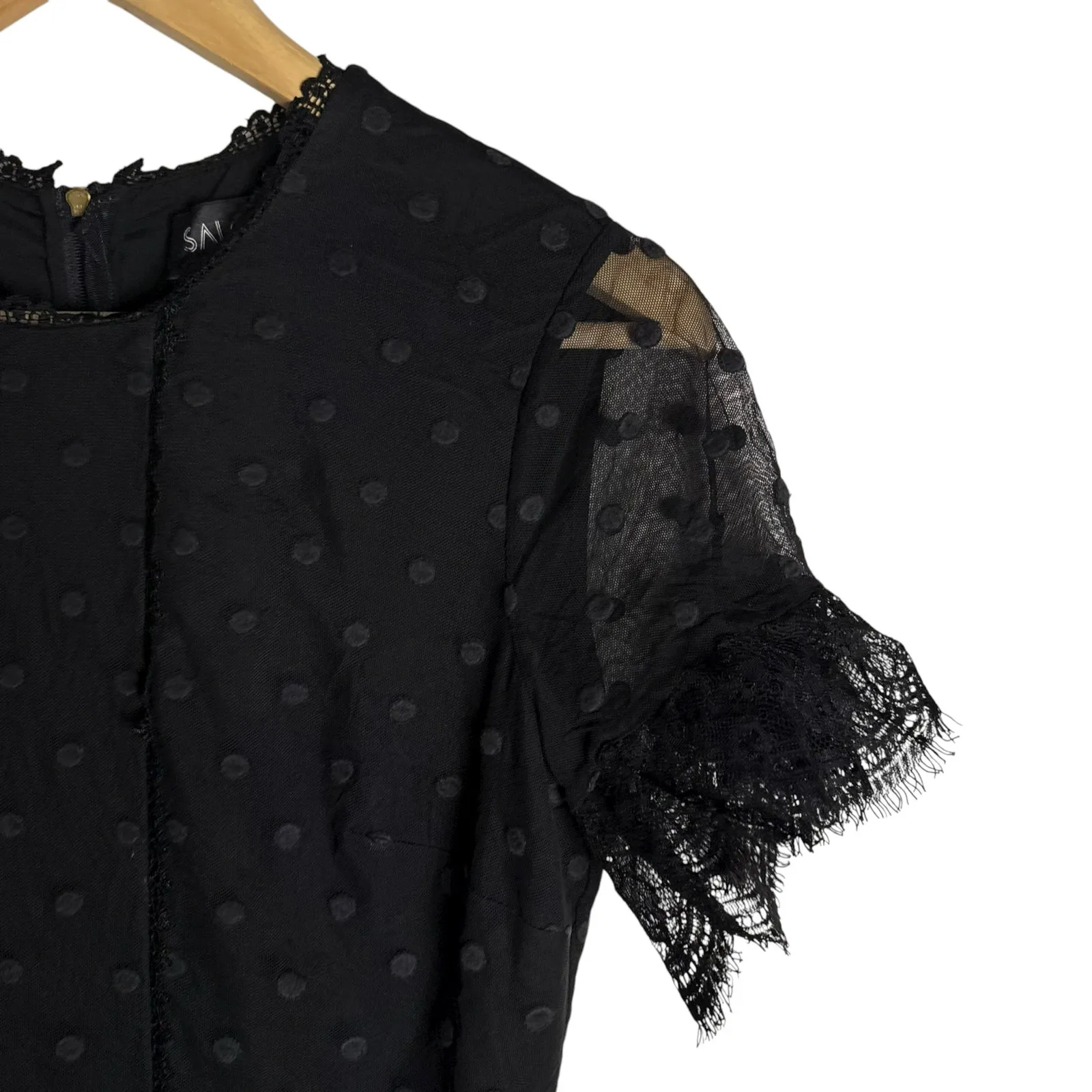 Saloni Andie Black Polka Dot Mesh Short Sleeve Cocktail Midi Dress Size 6 - Image 9