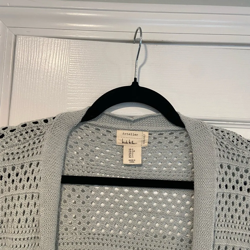 Artelier Nicole Miller Size S Light Blue Open Front Mesh Knit Pocket Cardigan - Image 2