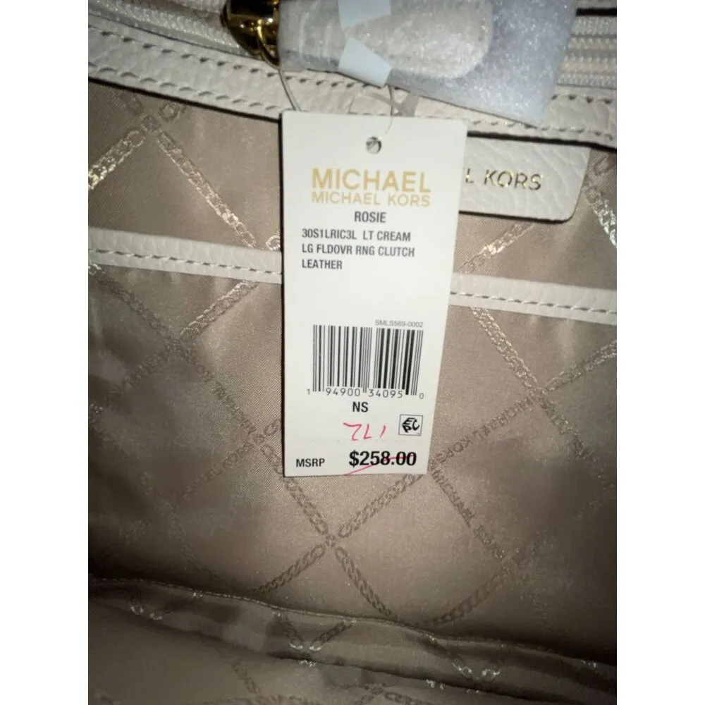 Michael Michael Kors Rosie Ring Foldover Clutch NEW with Marks Lt Cream Leather - Image 8
