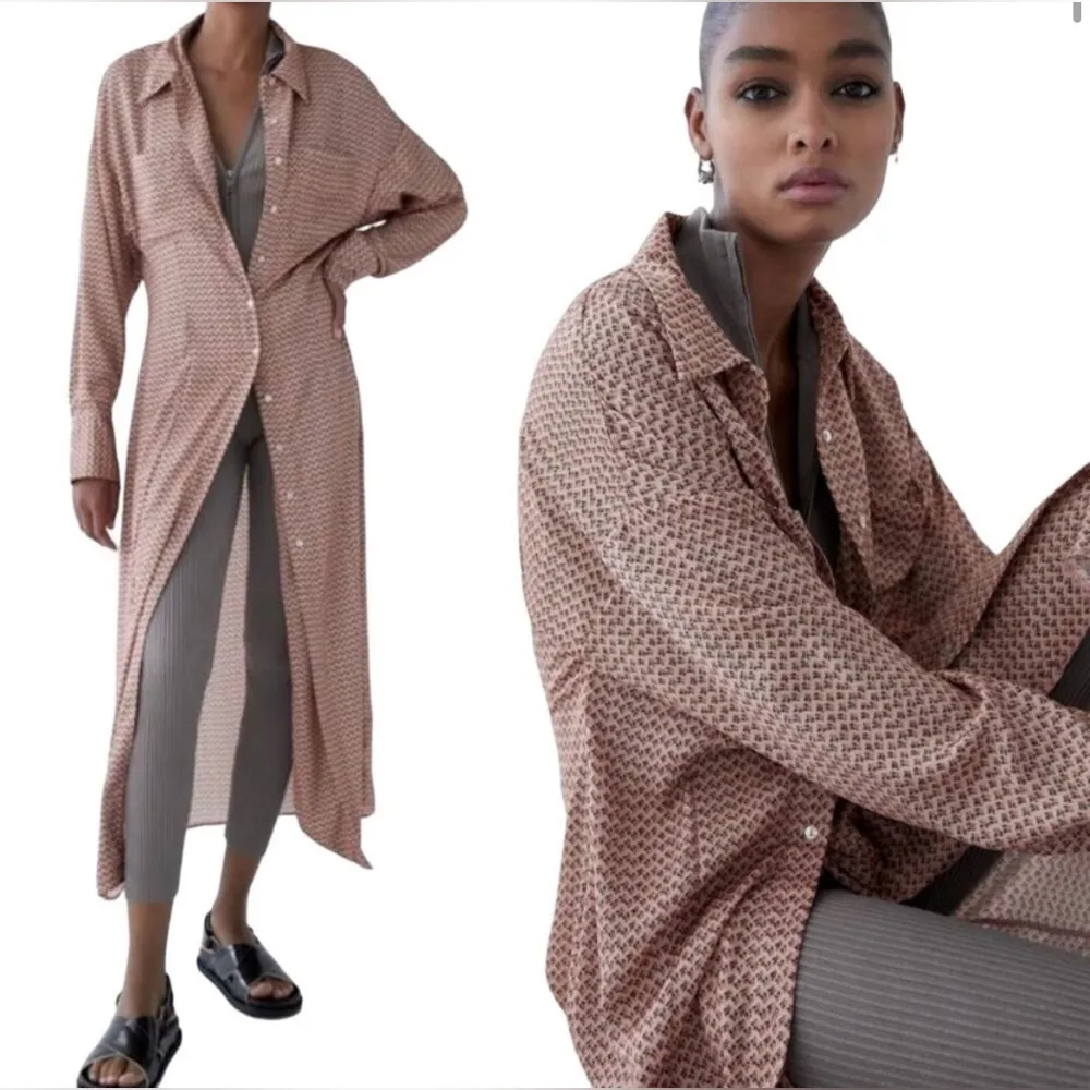 Zara Floral Print Silky Texture Long Sleeve Button Front Shirt Maxi Dress Sz XS - Image 3