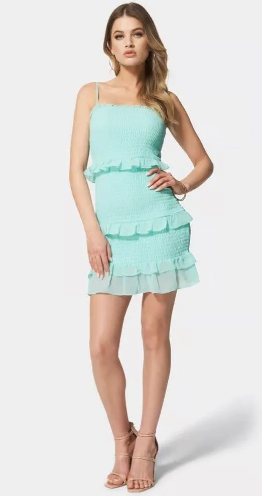 Bebe Smocked Ruffle Mini Dress in Aqua, Size M New w/Tag Retail $109 - Image 8